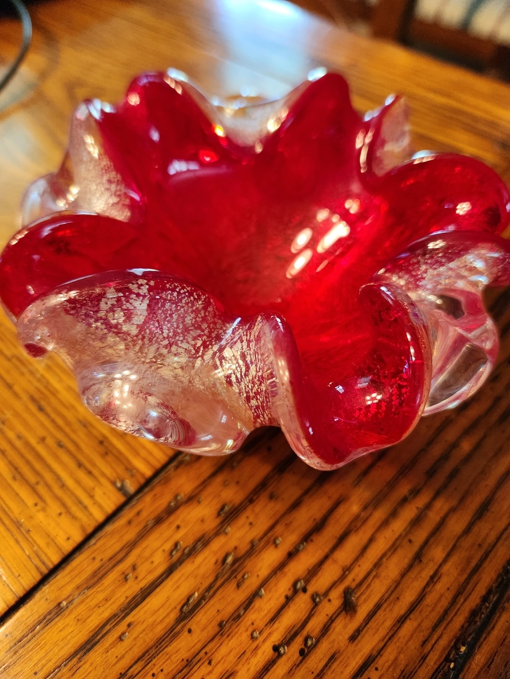 Murano Floriform Handblown Red Ruffled Art Glass Bowl - Decorative Accent